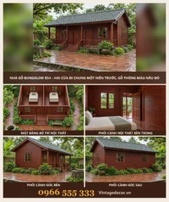 Nhà Gỗ Bungalow B54 - Hai Cửa Đi Chung Một Hiên Trước, Gỗ Thông Màu Nâu Đỏ