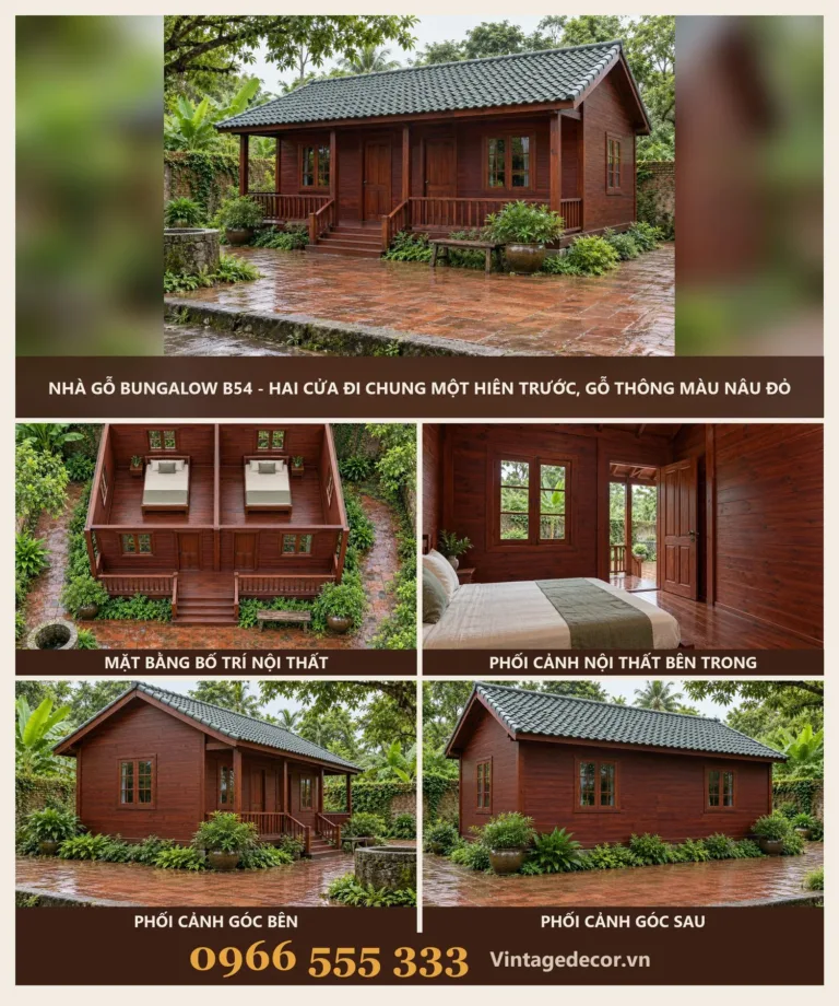 Nhà Gỗ Bungalow B54 – Hai Cửa Đi Chung Một Hiên Trước, Gỗ Thông Màu Nâu Đỏ
