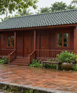 Nhà Gỗ Bungalow B54 - Hai Cửa Đi Chung Một Hiên Trước, Gỗ Thông Màu Nâu Đỏ