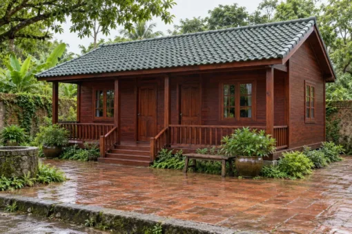 Nhà Gỗ Bungalow B54 - Hai Cửa Đi Chung Một Hiên Trước, Gỗ Thông Màu Nâu Đỏ Nhà Gỗ Bungalow B54 - Hai Cửa Đi Chung Một Hiên Trước, Gỗ Thông Màu Nâu Đỏ