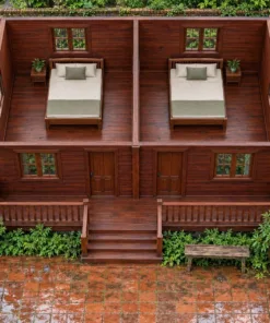 Nhà Gỗ Bungalow B54 - Hai Cửa Đi Chung Một Hiên Trước, Gỗ Thông Màu Nâu Đỏ