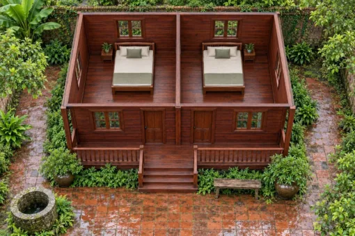 Nhà Gỗ Bungalow B54 - Hai Cửa Đi Chung Một Hiên Trước, Gỗ Thông Màu Nâu Đỏ Nhà Gỗ Bungalow B54 - Hai Cửa Đi Chung Một Hiên Trước, Gỗ Thông Màu Nâu Đỏ