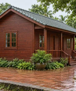 Nhà Gỗ Bungalow B54 - Hai Cửa Đi Chung Một Hiên Trước, Gỗ Thông Màu Nâu Đỏ
