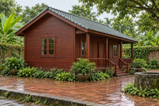 Nhà Gỗ Bungalow B54 - Hai Cửa Đi Chung Một Hiên Trước, Gỗ Thông Màu Nâu Đỏ Nhà Gỗ Bungalow B54 - Hai Cửa Đi Chung Một Hiên Trước, Gỗ Thông Màu Nâu Đỏ