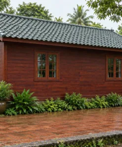 Nhà Gỗ Bungalow B54 - Hai Cửa Đi Chung Một Hiên Trước, Gỗ Thông Màu Nâu Đỏ