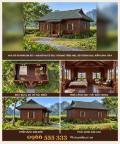 Nhà Gỗ Bungalow B55 - Mái Hông Có Đầu Hồi Nhỏ Trên Nóc, Gỗ Thông Màu Nâu Cánh Gián