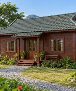 Nhà Gỗ Bungalow B55 - Mái Hông Có Đầu Hồi Nhỏ Trên Nóc, Gỗ Thông Màu Nâu Cánh Gián