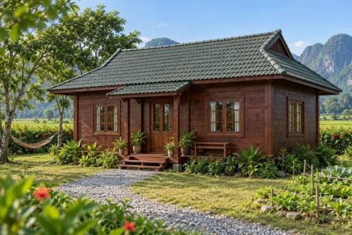 Nhà Gỗ Bungalow B55 - Mái Hông Có Đầu Hồi Nhỏ Trên Nóc, Gỗ Thông Màu Nâu Cánh Gián Nhà Gỗ Bungalow B55 - Mái Hông Có Đầu Hồi Nhỏ Trên Nóc, Gỗ Thông Màu Nâu Cánh Gián