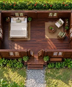Nhà Gỗ Bungalow B55 - Mái Hông Có Đầu Hồi Nhỏ Trên Nóc, Gỗ Thông Màu Nâu Cánh Gián