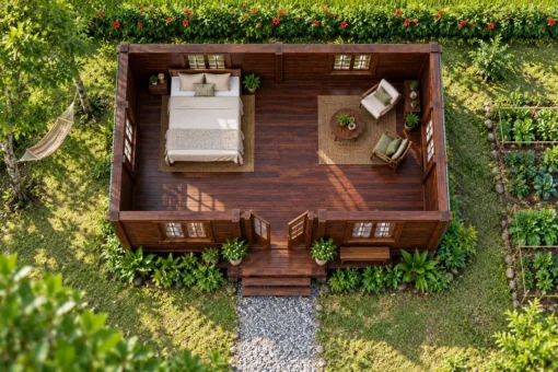 Nhà Gỗ Bungalow B55 - Mái Hông Có Đầu Hồi Nhỏ Trên Nóc, Gỗ Thông Màu Nâu Cánh Gián Nhà Gỗ Bungalow B55 - Mái Hông Có Đầu Hồi Nhỏ Trên Nóc, Gỗ Thông Màu Nâu Cánh Gián