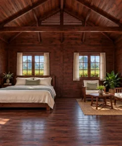 Nhà Gỗ Bungalow B55 - Mái Hông Có Đầu Hồi Nhỏ Trên Nóc, Gỗ Thông Màu Nâu Cánh Gián