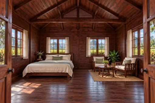 Nhà Gỗ Bungalow B55 - Mái Hông Có Đầu Hồi Nhỏ Trên Nóc, Gỗ Thông Màu Nâu Cánh Gián Nhà Gỗ Bungalow B55 - Mái Hông Có Đầu Hồi Nhỏ Trên Nóc, Gỗ Thông Màu Nâu Cánh Gián
