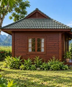 Nhà Gỗ Bungalow B55 - Mái Hông Có Đầu Hồi Nhỏ Trên Nóc, Gỗ Thông Màu Nâu Cánh Gián