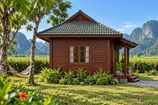 Nhà Gỗ Bungalow B55 - Mái Hông Có Đầu Hồi Nhỏ Trên Nóc, Gỗ Thông Màu Nâu Cánh Gián Nhà Gỗ Bungalow B55 - Mái Hông Có Đầu Hồi Nhỏ Trên Nóc, Gỗ Thông Màu Nâu Cánh Gián