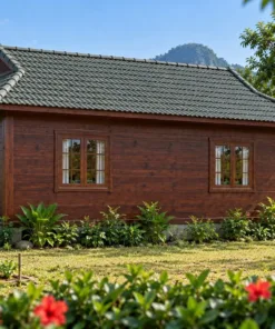 Nhà Gỗ Bungalow B55 - Mái Hông Có Đầu Hồi Nhỏ Trên Nóc, Gỗ Thông Màu Nâu Cánh Gián