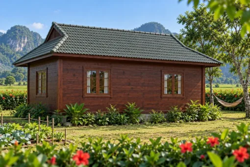 Nhà Gỗ Bungalow B55 - Mái Hông Có Đầu Hồi Nhỏ Trên Nóc, Gỗ Thông Màu Nâu Cánh Gián Nhà Gỗ Bungalow B55 - Mái Hông Có Đầu Hồi Nhỏ Trên Nóc, Gỗ Thông Màu Nâu Cánh Gián