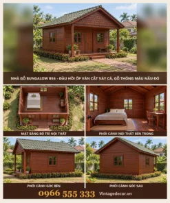 Nhà Gỗ Bungalow B56 - Đầu Hồi Ốp Ván Cắt Vảy Cá, Gỗ Thông Màu Nâu Đỏ