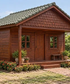 Nhà Gỗ Bungalow B56 - Đầu Hồi Ốp Ván Cắt Vảy Cá, Gỗ Thông Màu Nâu Đỏ