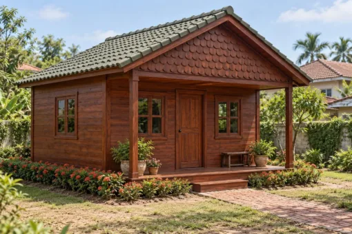 Nhà Gỗ Bungalow B56 - Đầu Hồi Ốp Ván Cắt Vảy Cá, Gỗ Thông Màu Nâu Đỏ Nhà Gỗ Bungalow B56 - Đầu Hồi Ốp Ván Cắt Vảy Cá, Gỗ Thông Màu Nâu Đỏ