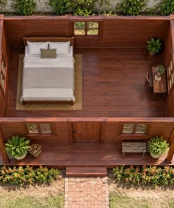 Nhà Gỗ Bungalow B56 - Đầu Hồi Ốp Ván Cắt Vảy Cá, Gỗ Thông Màu Nâu Đỏ