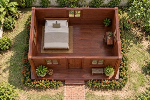 Nhà Gỗ Bungalow B56 - Đầu Hồi Ốp Ván Cắt Vảy Cá, Gỗ Thông Màu Nâu Đỏ Nhà Gỗ Bungalow B56 - Đầu Hồi Ốp Ván Cắt Vảy Cá, Gỗ Thông Màu Nâu Đỏ