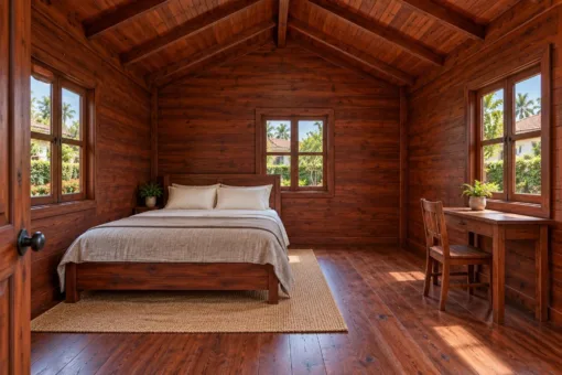 Nhà Gỗ Bungalow B56 - Đầu Hồi Ốp Ván Cắt Vảy Cá, Gỗ Thông Màu Nâu Đỏ Nhà Gỗ Bungalow B56 - Đầu Hồi Ốp Ván Cắt Vảy Cá, Gỗ Thông Màu Nâu Đỏ