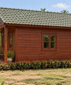 Nhà Gỗ Bungalow B56 - Đầu Hồi Ốp Ván Cắt Vảy Cá, Gỗ Thông Màu Nâu Đỏ