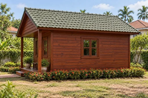 Nhà Gỗ Bungalow B56 - Đầu Hồi Ốp Ván Cắt Vảy Cá, Gỗ Thông Màu Nâu Đỏ Nhà Gỗ Bungalow B56 - Đầu Hồi Ốp Ván Cắt Vảy Cá, Gỗ Thông Màu Nâu Đỏ