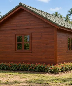 Nhà Gỗ Bungalow B56 - Đầu Hồi Ốp Ván Cắt Vảy Cá, Gỗ Thông Màu Nâu Đỏ