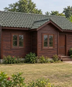 Nhà Gỗ Bungalow B57 - Khối Đầu Hồi Nhỏ Nhô Ra Trước Mái Chính, Gỗ Thông Màu Nâu Cánh Gián
