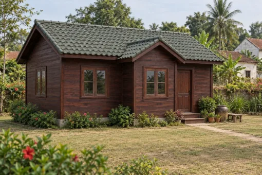 Nhà Gỗ Bungalow B57 - Khối Đầu Hồi Nhỏ Nhô Ra Trước Mái Chính, Gỗ Thông Màu Nâu Cánh Gián Nhà Gỗ Bungalow B57 - Khối Đầu Hồi Nhỏ Nhô Ra Trước Mái Chính, Gỗ Thông Màu Nâu Cánh Gián