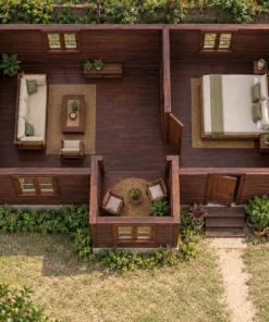 Nhà Gỗ Bungalow B57 - Khối Đầu Hồi Nhỏ Nhô Ra Trước Mái Chính, Gỗ Thông Màu Nâu Cánh Gián