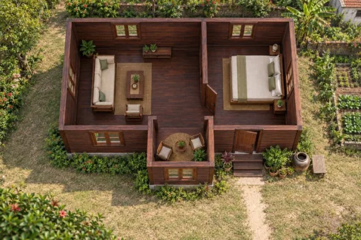 Nhà Gỗ Bungalow B57 - Khối Đầu Hồi Nhỏ Nhô Ra Trước Mái Chính, Gỗ Thông Màu Nâu Cánh Gián Nhà Gỗ Bungalow B57 - Khối Đầu Hồi Nhỏ Nhô Ra Trước Mái Chính, Gỗ Thông Màu Nâu Cánh Gián