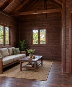 Nhà Gỗ Bungalow B57 - Khối Đầu Hồi Nhỏ Nhô Ra Trước Mái Chính, Gỗ Thông Màu Nâu Cánh Gián