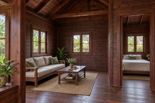 Nhà Gỗ Bungalow B57 - Khối Đầu Hồi Nhỏ Nhô Ra Trước Mái Chính, Gỗ Thông Màu Nâu Cánh Gián Nhà Gỗ Bungalow B57 - Khối Đầu Hồi Nhỏ Nhô Ra Trước Mái Chính, Gỗ Thông Màu Nâu Cánh Gián