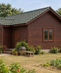 Nhà Gỗ Bungalow B57 - Khối Đầu Hồi Nhỏ Nhô Ra Trước Mái Chính, Gỗ Thông Màu Nâu Cánh Gián