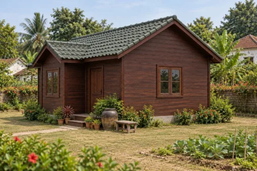 Nhà Gỗ Bungalow B57 - Khối Đầu Hồi Nhỏ Nhô Ra Trước Mái Chính, Gỗ Thông Màu Nâu Cánh Gián Nhà Gỗ Bungalow B57 - Khối Đầu Hồi Nhỏ Nhô Ra Trước Mái Chính, Gỗ Thông Màu Nâu Cánh Gián