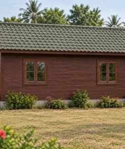 Nhà Gỗ Bungalow B57 - Khối Đầu Hồi Nhỏ Nhô Ra Trước Mái Chính, Gỗ Thông Màu Nâu Cánh Gián