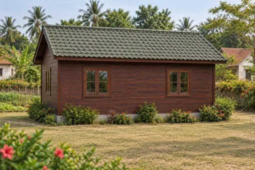 Nhà Gỗ Bungalow B57 - Khối Đầu Hồi Nhỏ Nhô Ra Trước Mái Chính, Gỗ Thông Màu Nâu Cánh Gián Nhà Gỗ Bungalow B57 - Khối Đầu Hồi Nhỏ Nhô Ra Trước Mái Chính, Gỗ Thông Màu Nâu Cánh Gián