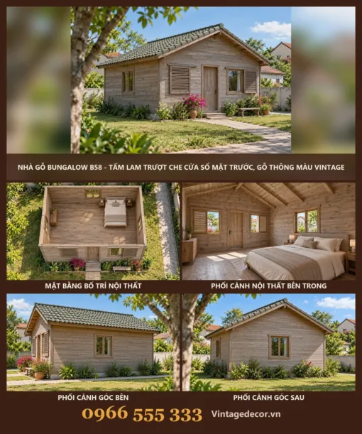 Nhà Gỗ Bungalow B58 - Tấm Lam Trượt Che Cửa Sổ Mặt Trước, Gỗ Thông Màu Vintage Nhà Gỗ Bungalow B58 - Tấm Lam Trượt Che Cửa Sổ Mặt Trước, Gỗ Thông Màu Vintage