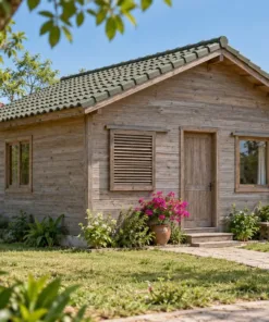 Nhà Gỗ Bungalow B58 - Tấm Lam Trượt Che Cửa Sổ Mặt Trước, Gỗ Thông Màu Vintage