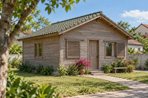 Nhà Gỗ Bungalow B58 - Tấm Lam Trượt Che Cửa Sổ Mặt Trước, Gỗ Thông Màu Vintage Nhà Gỗ Bungalow B58 - Tấm Lam Trượt Che Cửa Sổ Mặt Trước, Gỗ Thông Màu Vintage