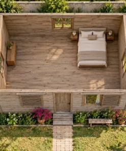 Nhà Gỗ Bungalow B58 - Tấm Lam Trượt Che Cửa Sổ Mặt Trước, Gỗ Thông Màu Vintage