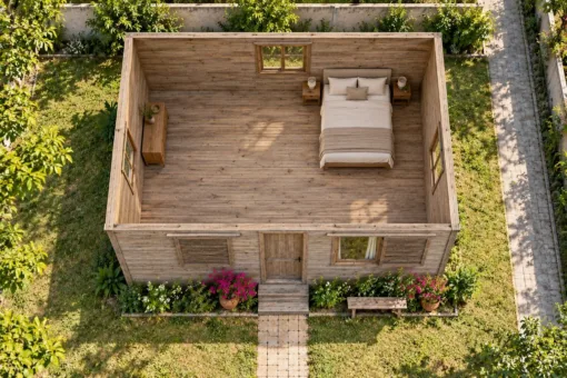 Nhà Gỗ Bungalow B58 - Tấm Lam Trượt Che Cửa Sổ Mặt Trước, Gỗ Thông Màu Vintage Nhà Gỗ Bungalow B58 - Tấm Lam Trượt Che Cửa Sổ Mặt Trước, Gỗ Thông Màu Vintage