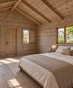 Nhà Gỗ Bungalow B58 - Tấm Lam Trượt Che Cửa Sổ Mặt Trước, Gỗ Thông Màu Vintage