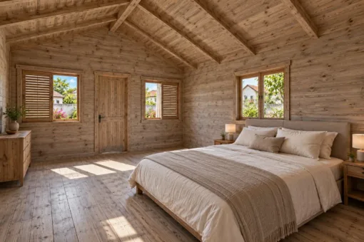 Nhà Gỗ Bungalow B58 - Tấm Lam Trượt Che Cửa Sổ Mặt Trước, Gỗ Thông Màu Vintage Nhà Gỗ Bungalow B58 - Tấm Lam Trượt Che Cửa Sổ Mặt Trước, Gỗ Thông Màu Vintage