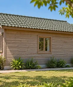 Nhà Gỗ Bungalow B58 - Tấm Lam Trượt Che Cửa Sổ Mặt Trước, Gỗ Thông Màu Vintage