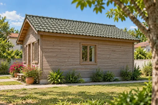 Nhà Gỗ Bungalow B58 - Tấm Lam Trượt Che Cửa Sổ Mặt Trước, Gỗ Thông Màu Vintage Nhà Gỗ Bungalow B58 - Tấm Lam Trượt Che Cửa Sổ Mặt Trước, Gỗ Thông Màu Vintage