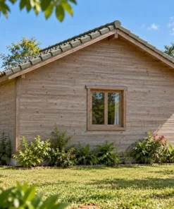 Nhà Gỗ Bungalow B58 - Tấm Lam Trượt Che Cửa Sổ Mặt Trước, Gỗ Thông Màu Vintage