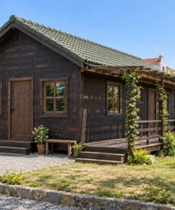 Nhà Gỗ Bungalow B59 - Giàn Nan Gỗ Liền Một Mặt Hông, Gỗ Thông Màu Gỗ Cháy